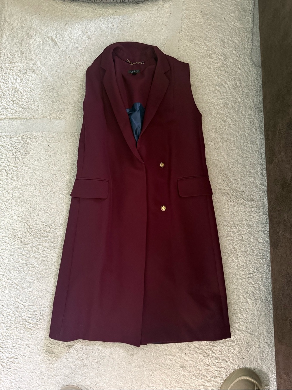 Topshop Sleeveless Long Blazer Vest in Burgundy